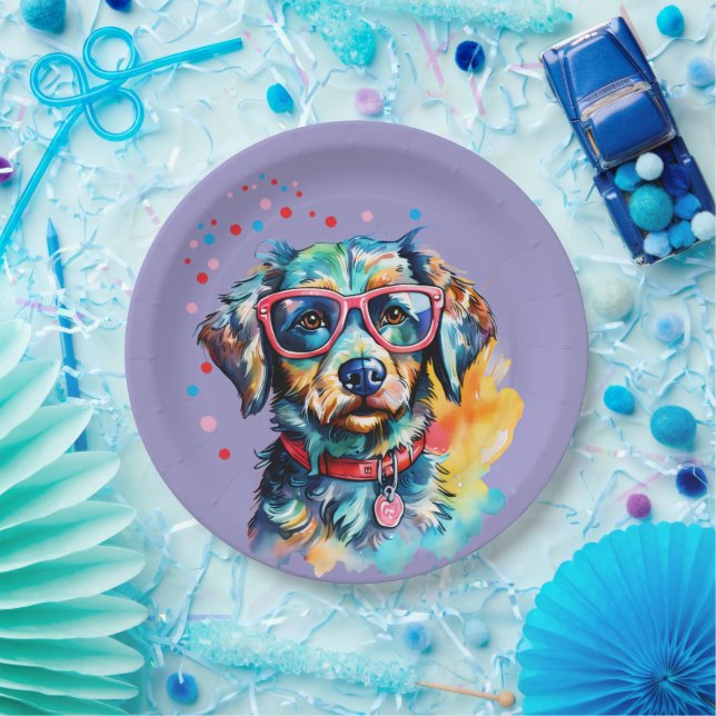 Plato De Papel Perro con Gafas (Fiesta)