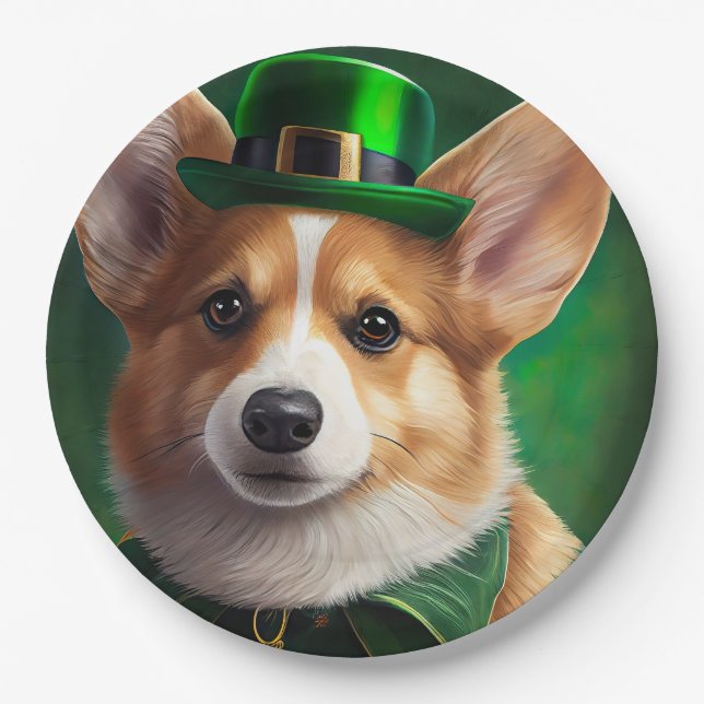 Plato De Papel Perro Corgi con vestido de San Patricio (Anverso)