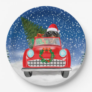 Plato De Papel Perro Dachshund conduciendo coche en Navidad con n