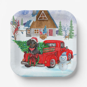 Plato De Papel Perro Dachshund en camión de entrega de Navidad ni