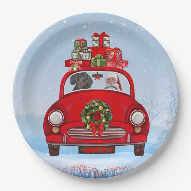 Plato De Papel Perro Dachshund en coche con Papá Noel  (Anverso)