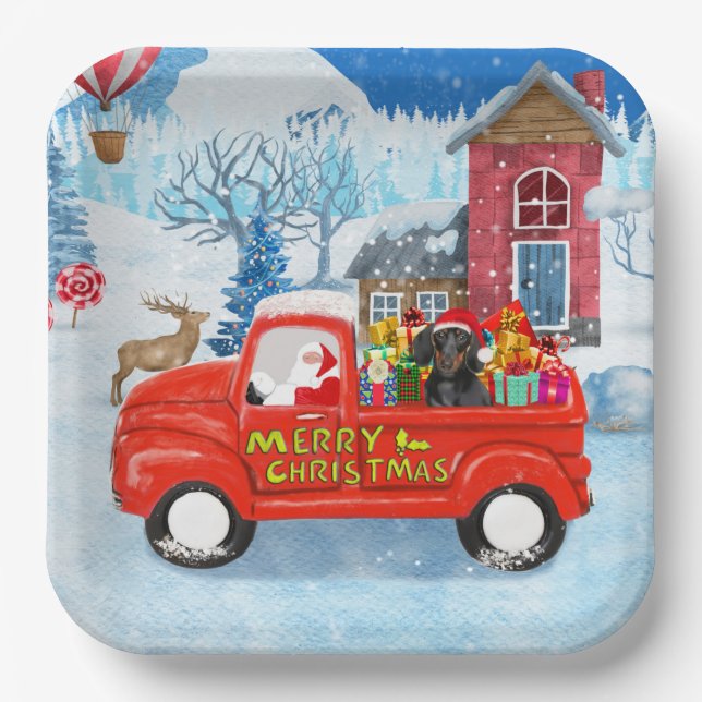 Plato De Papel Perro Dachshund en entrega de Navidad  (Anverso)