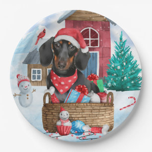 Plato De Papel Perro Dachshund En La Casa De Perros De Navidades 