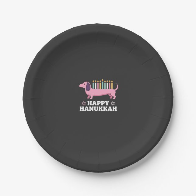 Plato De Papel Perro Dachshund feliz Hanukkah (Anverso)