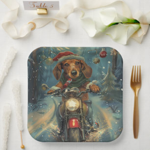 Plato De Papel Perro Dachshund montando motocicleta Navidad