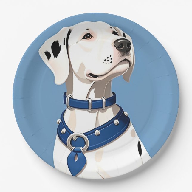 Plato De Papel Perro dálmata con collar azul (Anverso)