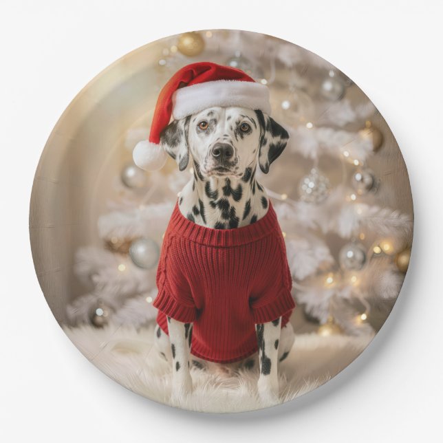 Plato De Papel Perro dálmata con un suéter rojo de Navidad (Anverso)