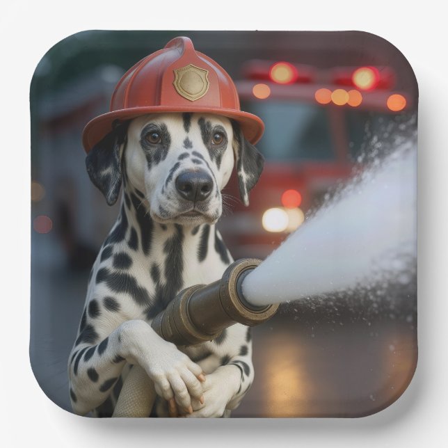 Plato De Papel Perro Dalmata Con una Manguera de Incendios (Anverso)