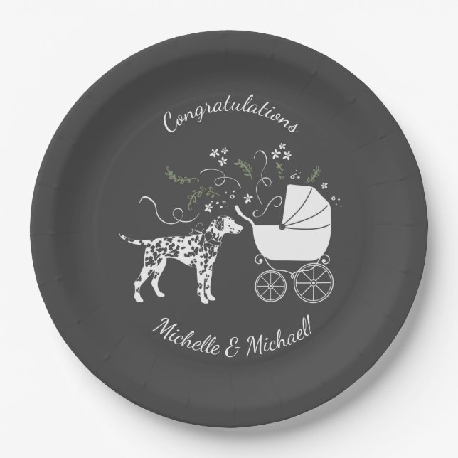 Plato De Papel Perro dalmatiano Baby Shower gris pimienta (Anverso)