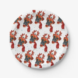 Plato De Papel Perro de boxeador con renos Navidades
