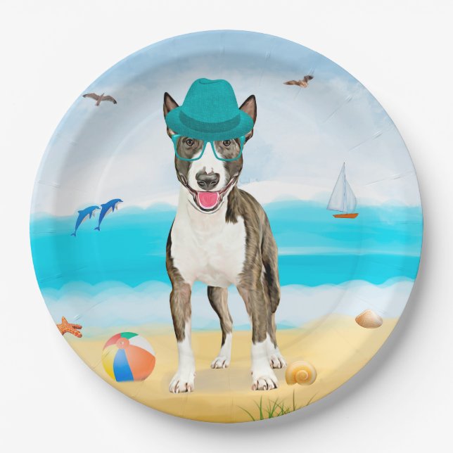 Plato De Papel Perro de Bull Terrier en la playa (Anverso)