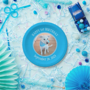 Plato De Papel Perro de cachorro en azul feliz primer cumpleaños