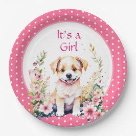 Plato De Papel Perro de cachorro en Baby Shower, Chica de flores,