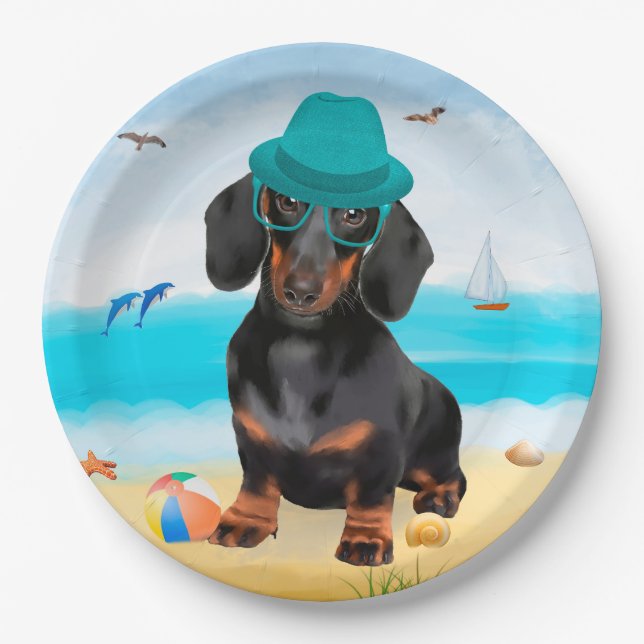 Plato De Papel Perro de Dachshund en la playa (Anverso)