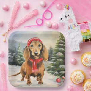 Plato De Papel Perro de Dachshund en Navidades de nieve
