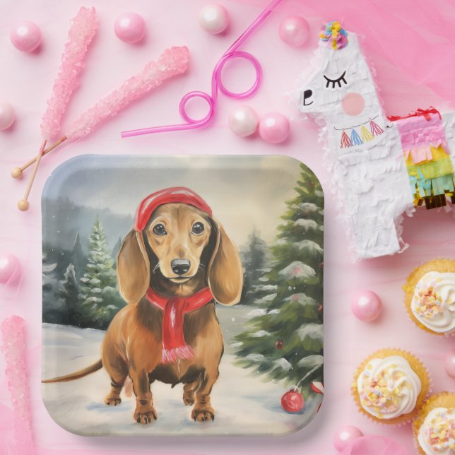 Plato De Papel Perro de Dachshund en Navidades de nieve (Fiesta)