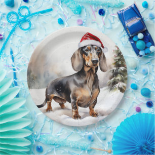 Plato De Papel Perro de Dachshund en Navidades de nieve