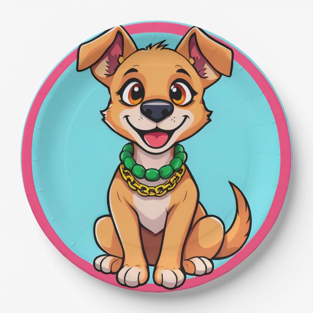 Plato De Papel Perro de dibujos animados adorable sonriendo alegr (Anverso)