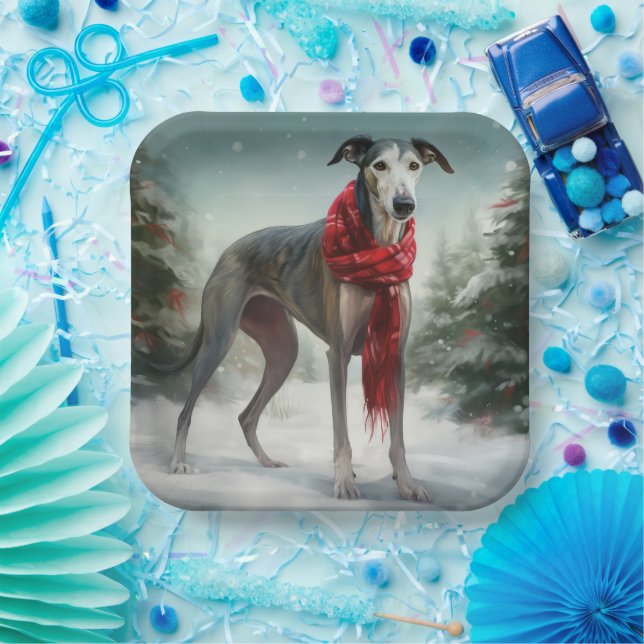 Plato De Papel Perro de Greyhound en Navidades de Nieve (Fiesta)