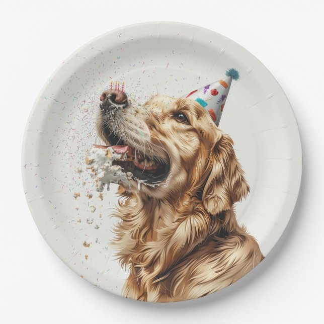 Plato De Papel Perro de la recuperación dorada del cumpleaños (Anverso)