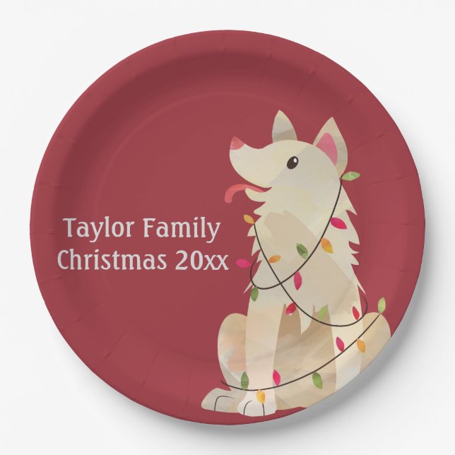 Plato De Papel Perro de Navidad Enredado Personalizable (Anverso)