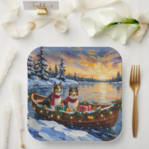Plato De Papel Perro de pastor de Shetland Navidad Barco Fiesta
