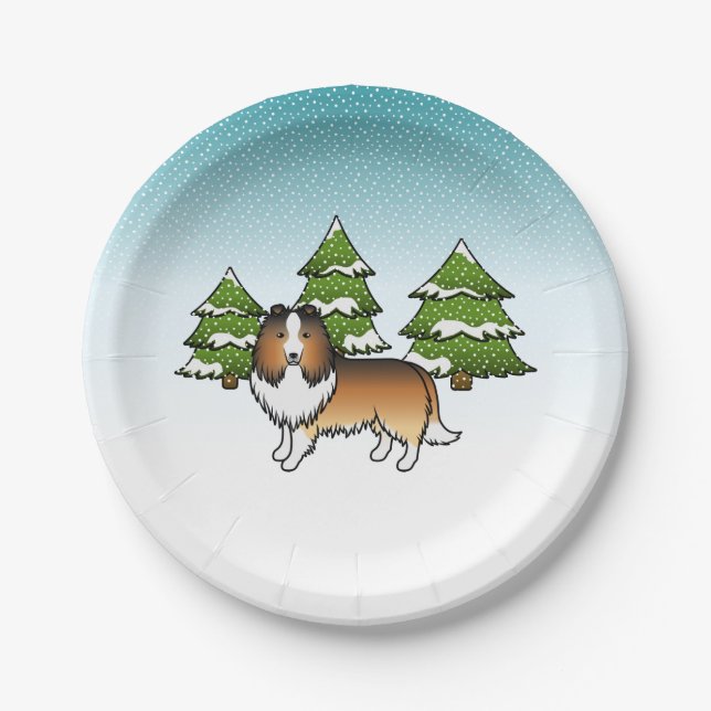 Plato De Papel Perro de pastor de Shetland sable en un bosque inv (Anverso)