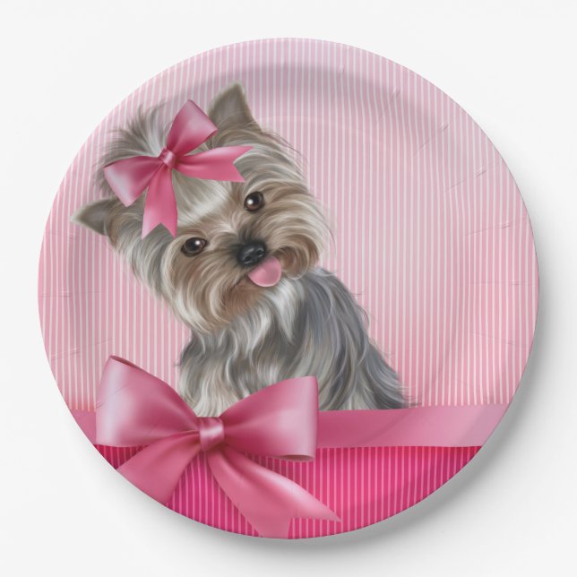 Plato De Papel Perro de perrito rosado de princesa Yorkie de (Anverso)