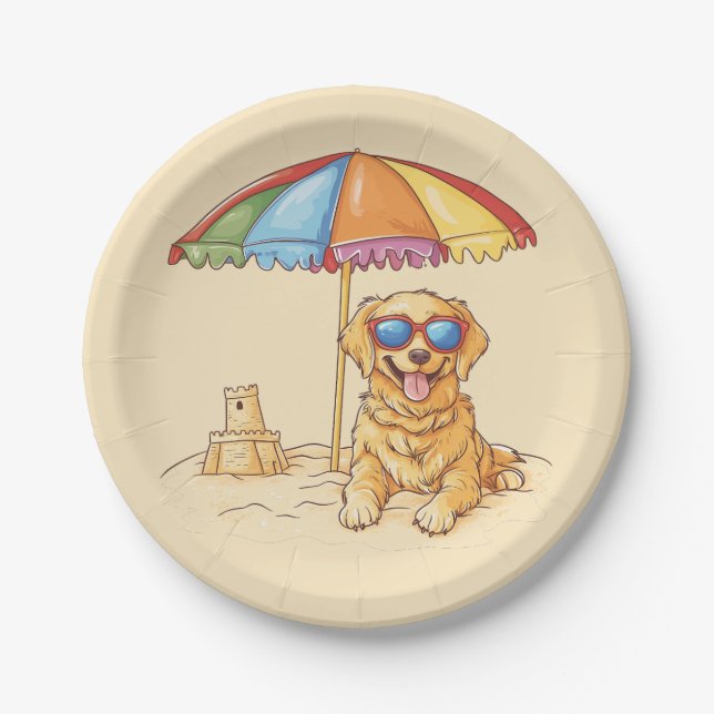 Plato De Papel Perro de playa Golden Retriever (Anverso)