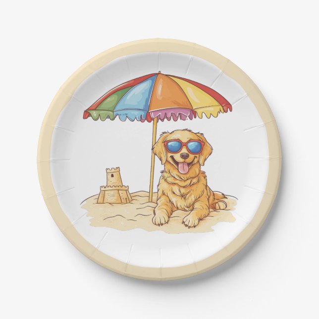 Plato De Papel Perro de playa Golden Retriever (Anverso)