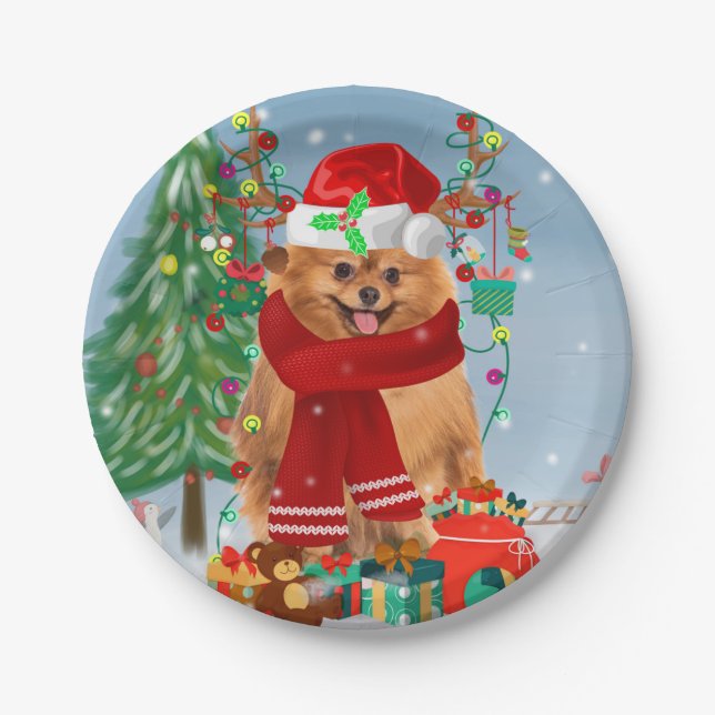 Plato De Papel Perro de Pomerania con regalos de Navidades (Anverso)