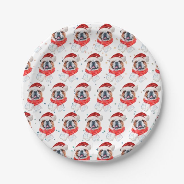 Plato De Papel Perro de raza Bulldog Inglés Navidad (Anverso)