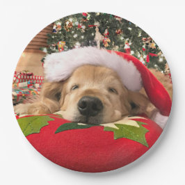 Plato De Papel Perro del golden retriever del navidad dormido