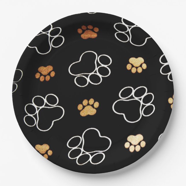 Plato De Papel Perro divertido PawPrints en las placas negras, de (Anverso)
