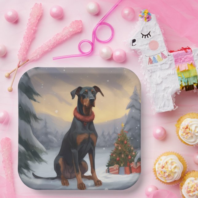 Plato De Papel Perro Doberman en Navidad Nieve  (Fiesta)
