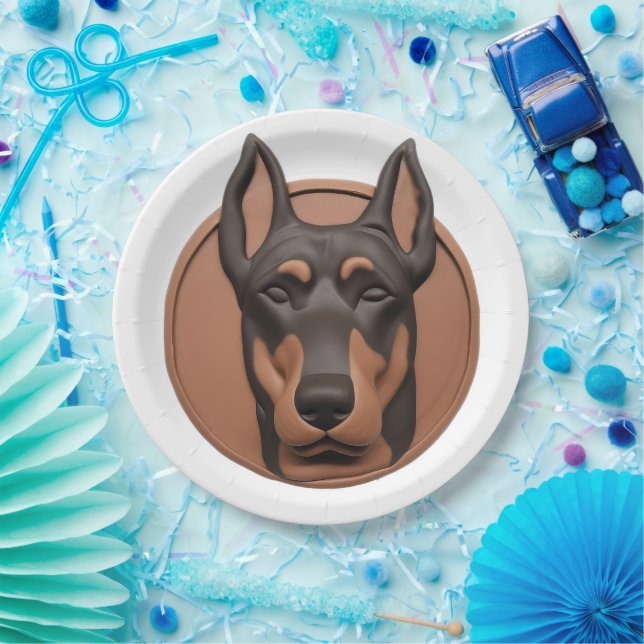 Plato De Papel Perro Doberman Inspirado en 3D (Fiesta)