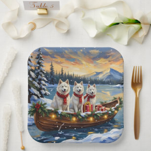 Plato De Papel Perro Eskimo Americano Blanco Navidad Barco Fiesta