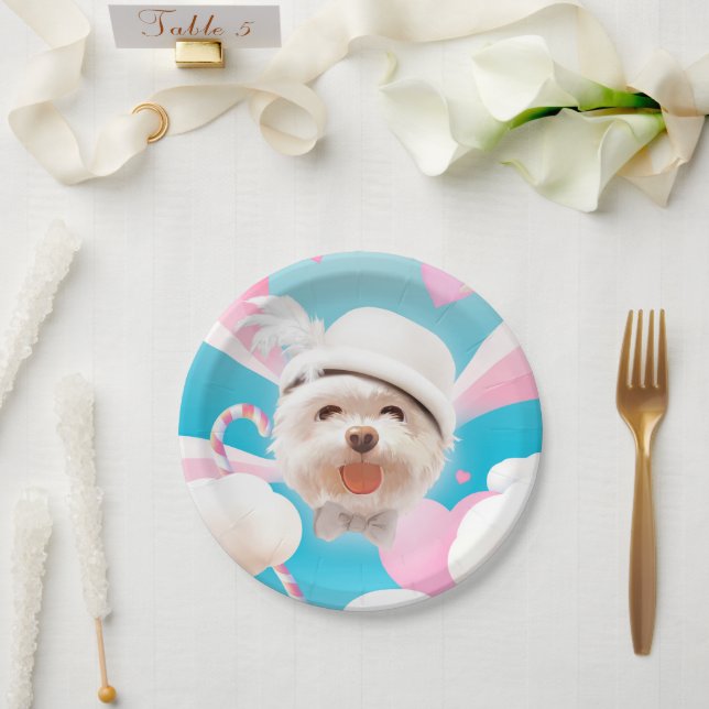 Plato De Papel Perro esponjoso con Gorra blanco (Boda)