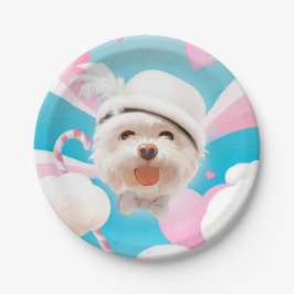 Plato De Papel Perro esponjoso con Gorra blanco