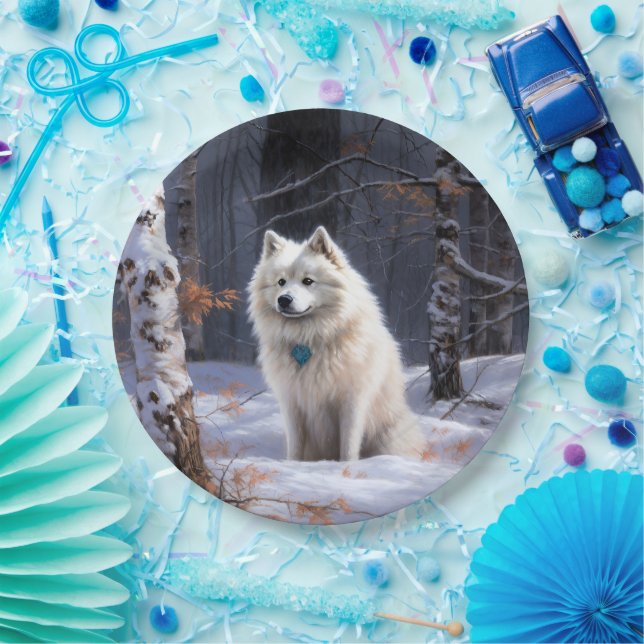 Plato De Papel Perro Esquimal Americano Deja que Nieve Navidad (Fiesta)