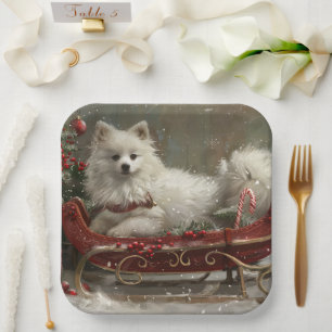 Plato De Papel Perro Esquimal Americano Navideño Festivo