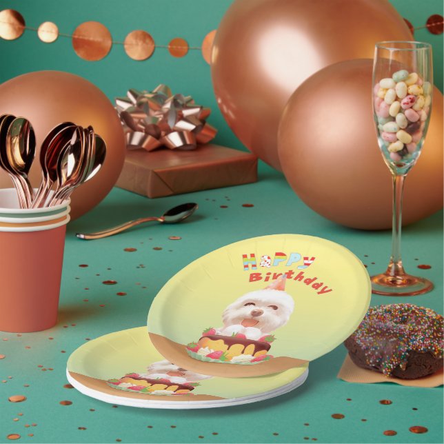 Plato De Papel Perro feliz cumpleaños con pastel (Multi)