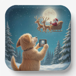 Plato De Papel Perro fotografiando a Santa Claus en Sleigh