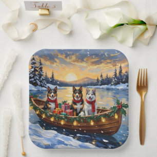 Plato De Papel Perro Ganadero Australiano Barco De Navidad Fiesta
