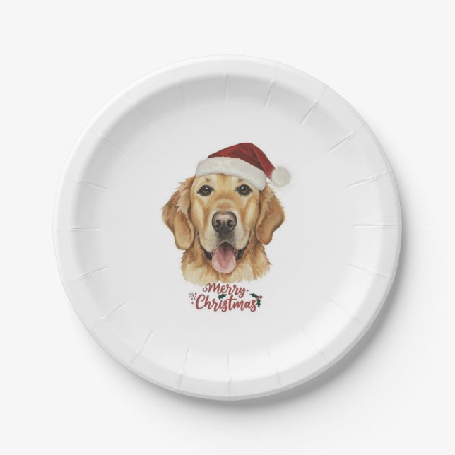 Plato De Papel Perro Golden Retriver de Feliz Navidad (Anverso)