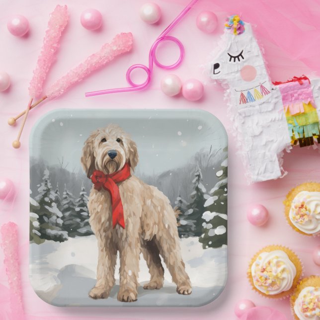 Plato De Papel Perro Goldendoodle en Navidad con nieve (Fiesta)
