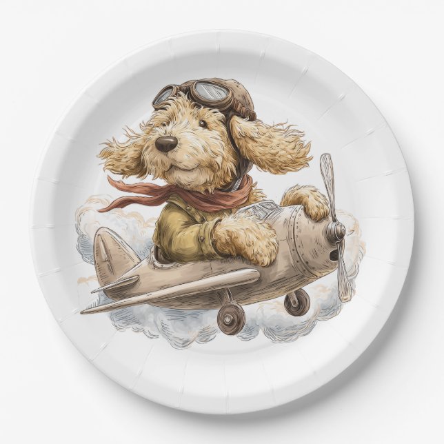 Plato De Papel Perro Goldendoodle Piloto Avión (Anverso)