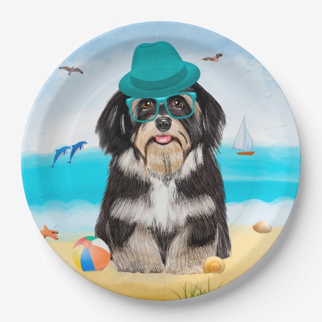 Plato De Papel Perro Havanés en la Playa (Anverso)