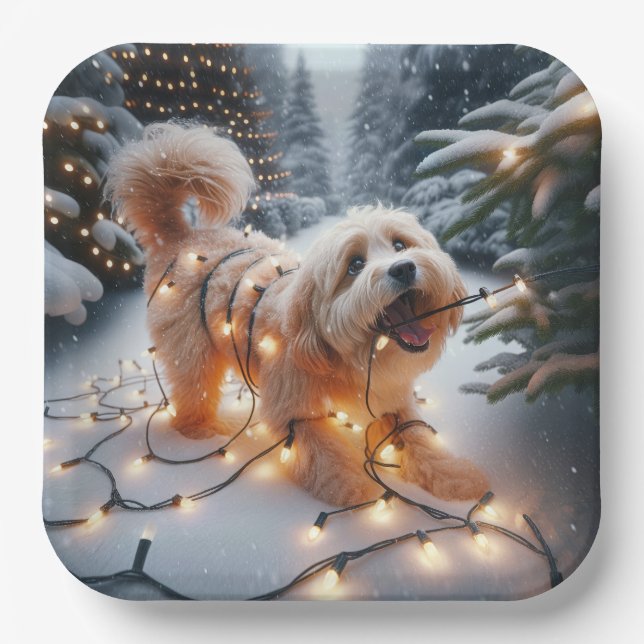 Plato De Papel Perro Havanés En Luces De Navidades Enredadas (Anverso)