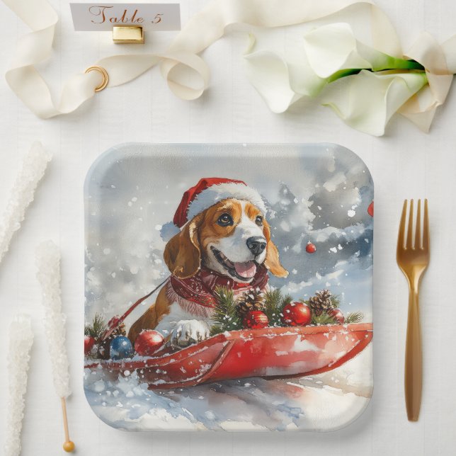 Plato De Papel Perro hebiondo basset en escabeche deja que nieve  (Boda)